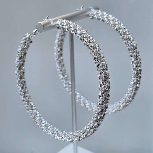 Windsor ✦ Glamorous Sparkle Hoop Earrings ✦ Silver Rhinestone Statement NWT - Picture 3 of 12